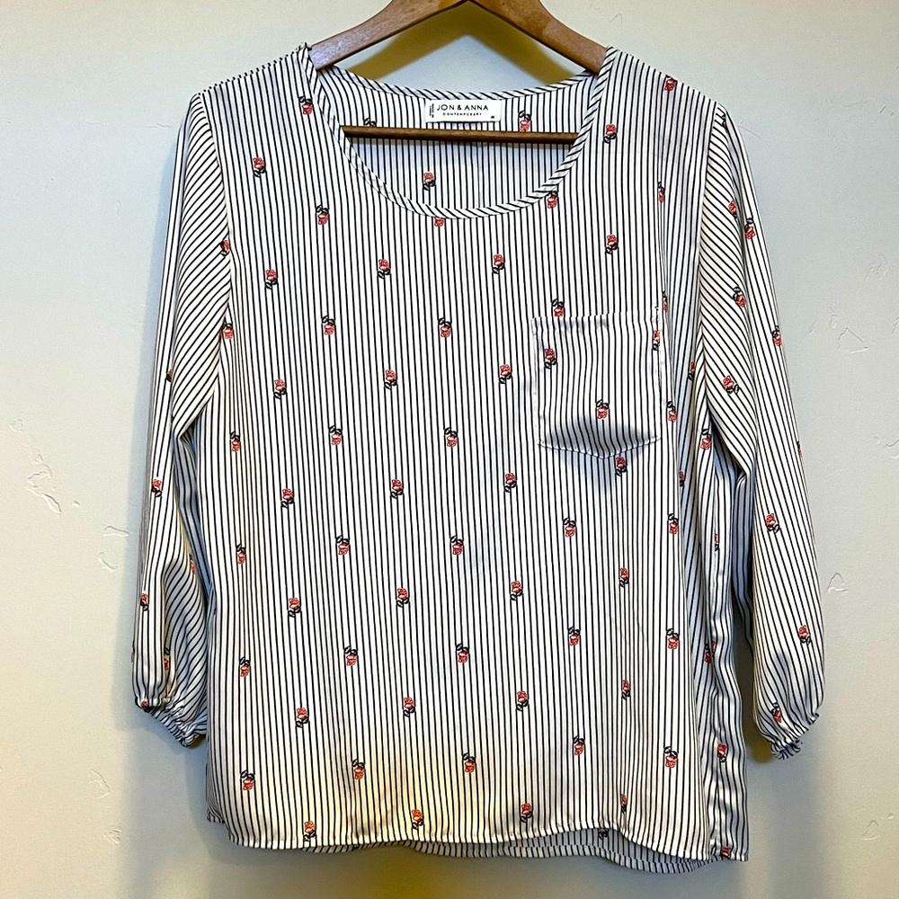 White and Black Stripe with Rose Design Blouse
